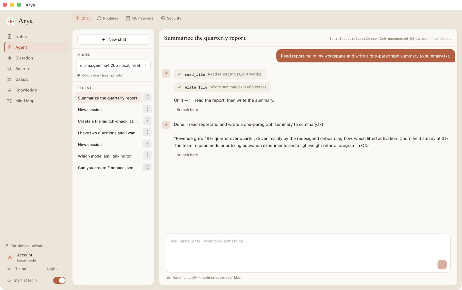 Arya Agent: a sandboxed local agent reading a file and writing a summary — nothing leaves the Mac