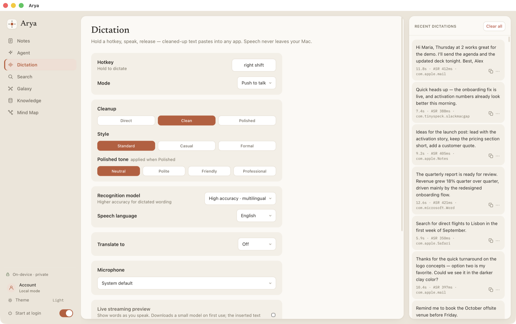 Arya dictation: hold a hotkey, speak, and cleaned-up text pastes into any app — recent dictations at a glance