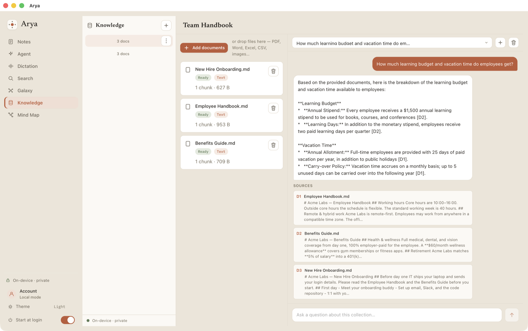 Arya Knowledge Base: upload documents into a collection and chat with them, grounded in citations — all on-device