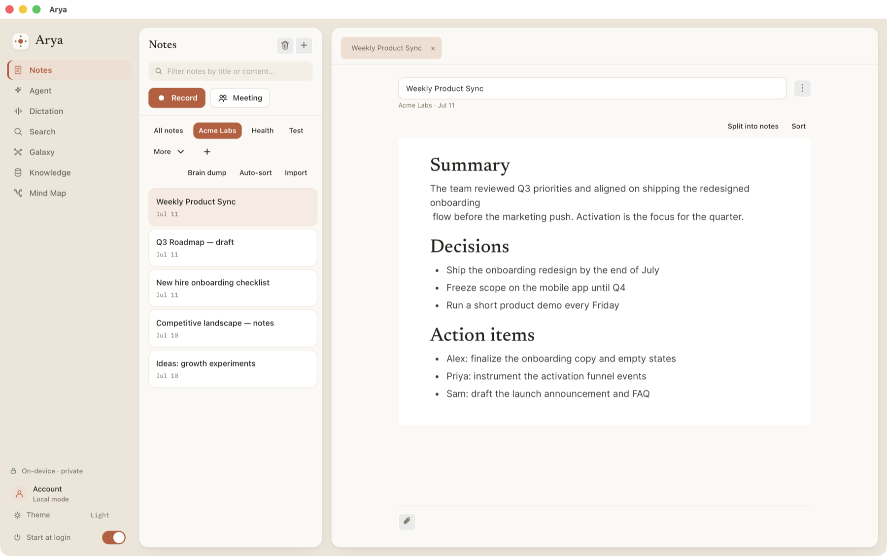 Arya Notes: a structured note — summary, decisions, and action items — organized into folders, on-device